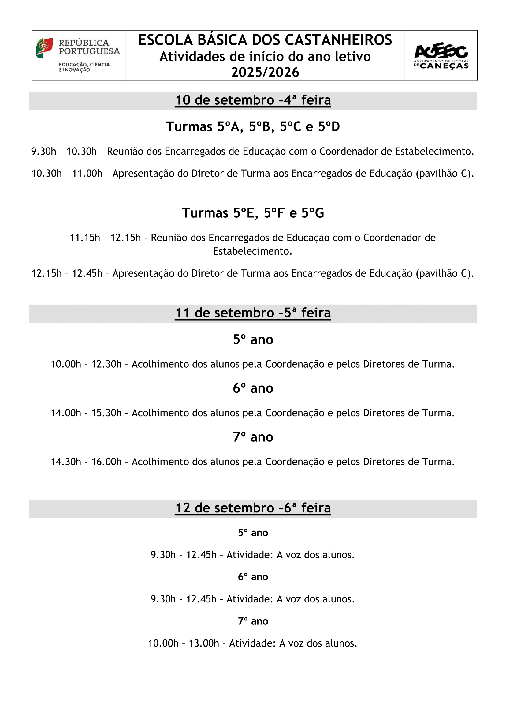 Aviso inicio ano 2025 2026 EB Castanheiros 1