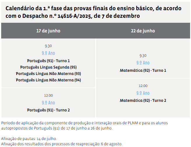 calendario provas finais ciclo 9 ano